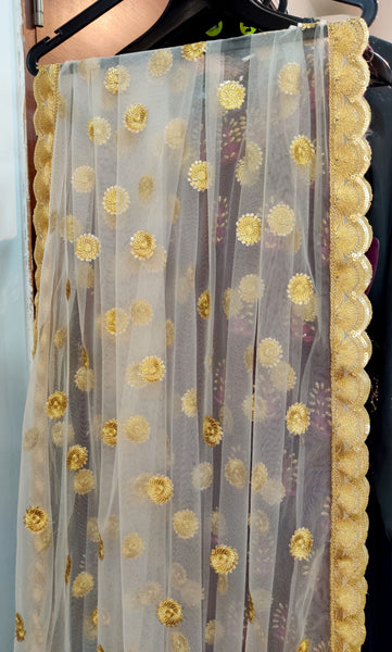 Embroidered White & Gold Net Dupatta