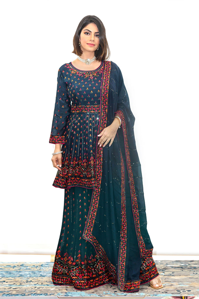 Mid-Night Blue Embroidered Gharara suit - L-XL