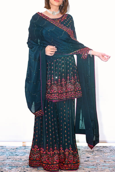 Mid-Night Blue Embroidered Gharara suit - L-XL