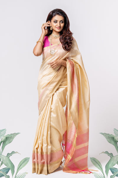 Raw Silk Cream Pink Saree