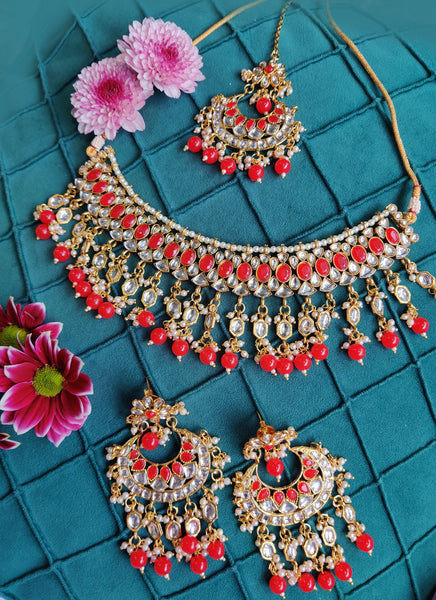 Motti Kundan Necklace set in Peach / Orange